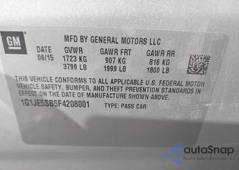 2015 Chevrolet Sonic Ltz Auto from USA, damaged, VIN 1G1JE5SB5F4208001